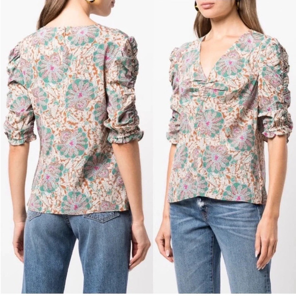 Veronica Beard Henrieta Medallion Floral Boho Print Silk Blend Blouse Size 0 - Picture 4 of 9